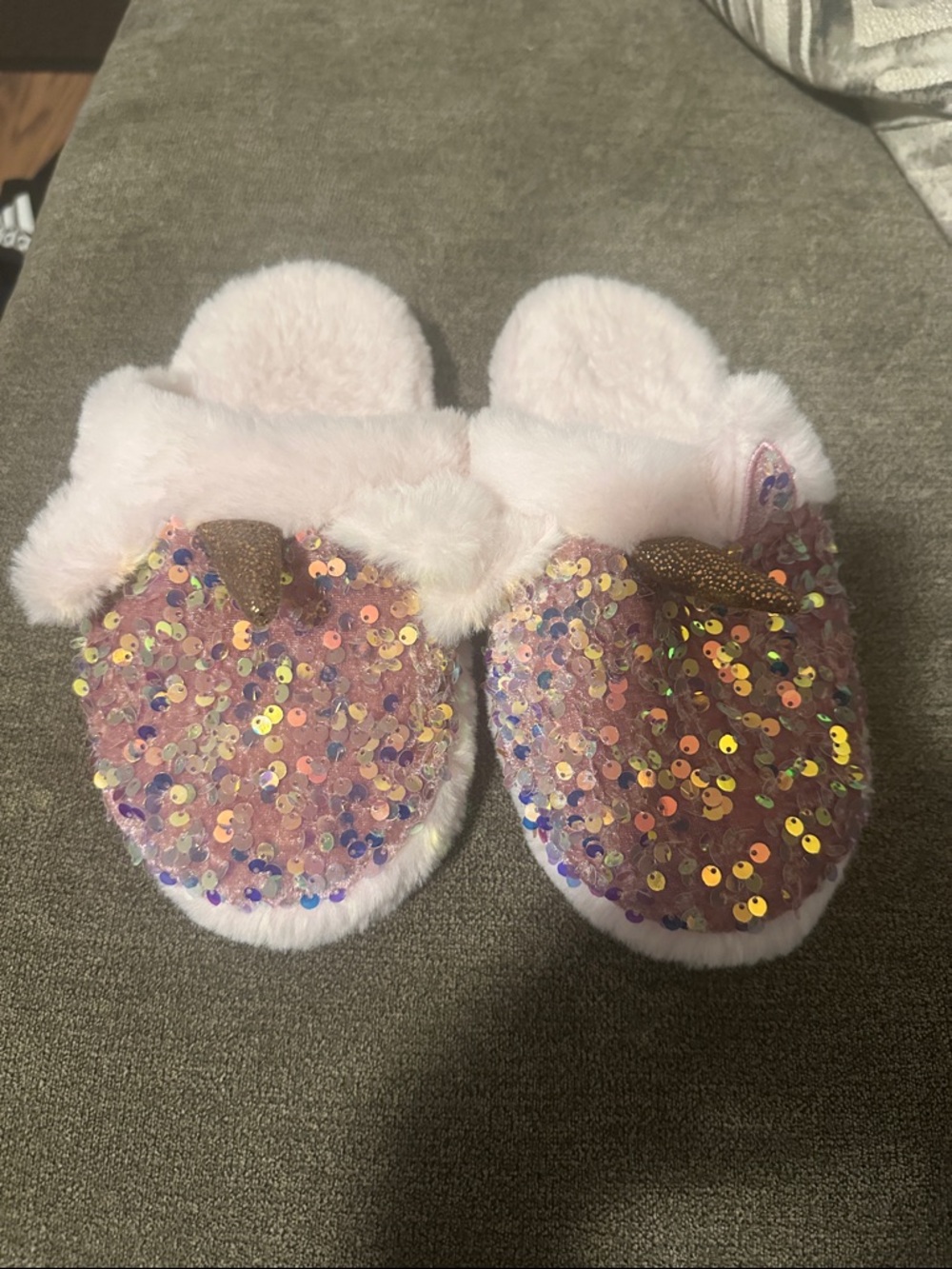 Kids Pink Sequin Unicorn Slippers with Plush Cuff